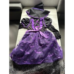 Witch Light Up Costume Dress‎ w/Hat Halloween Bats Purple Black Kids Girls 8-10